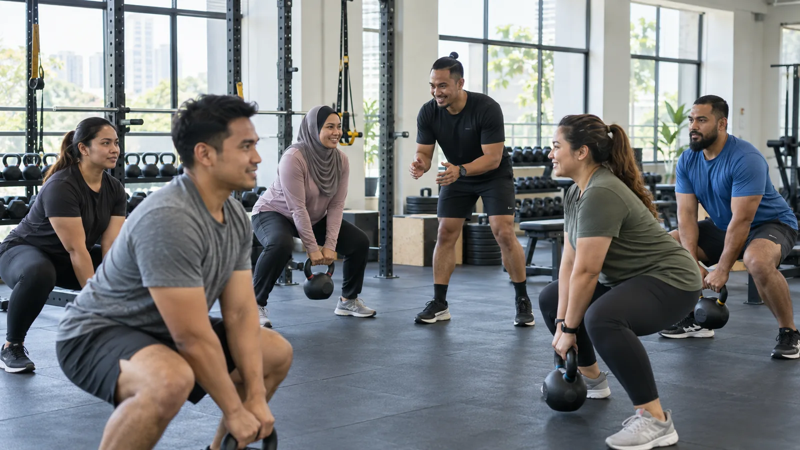 Concept image of adults training together in a bright coaching studio